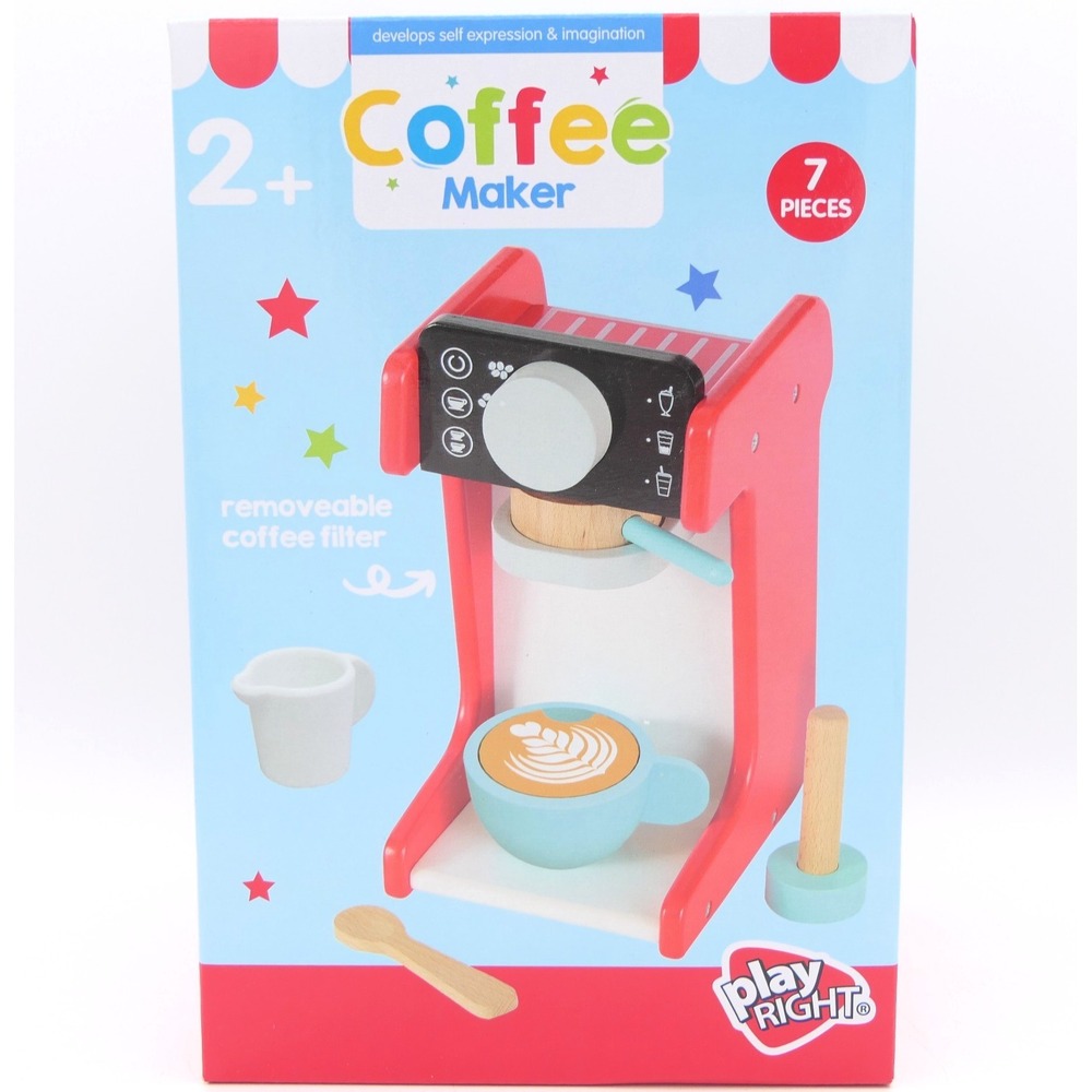 PlayRight Coffee Maker Wooden Toy Set w/ Removable Coffee Filter 7 Pcs Ages 2+‎